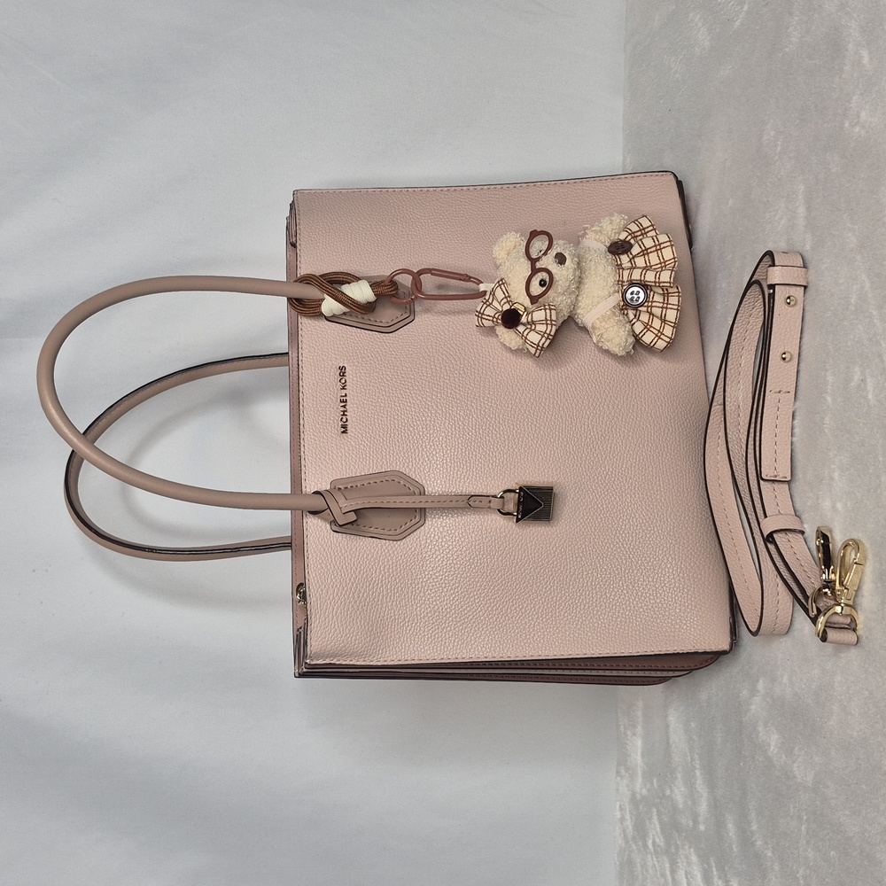 Michael Kors Mercer Blush Pink Tanish Tote with Bear Charm - Picture 4 of 17